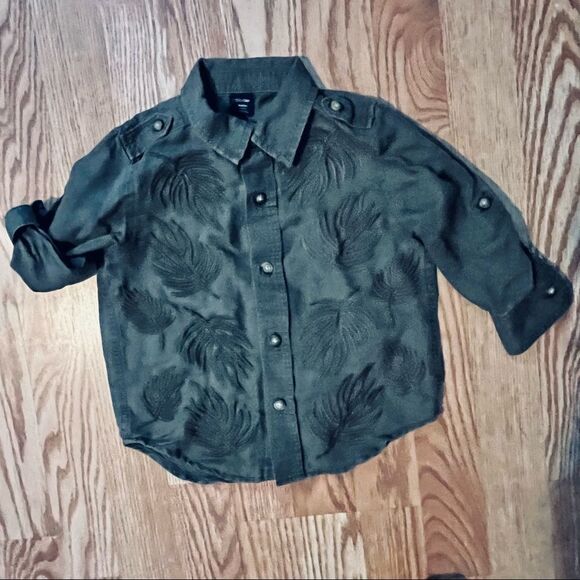 Baby Gap Green Khaki Long Sleeve Button Down Shirt Linen & Cotton Roll Tab - Picture 2 of 6